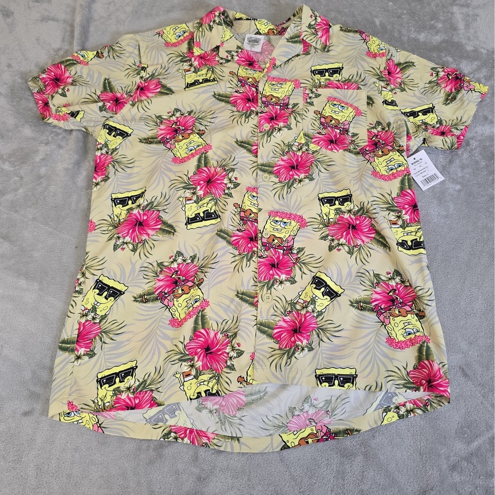 Spongebob Hawaiian Shirt Mens Large Floral All Over Print Button Up Short Sleeve